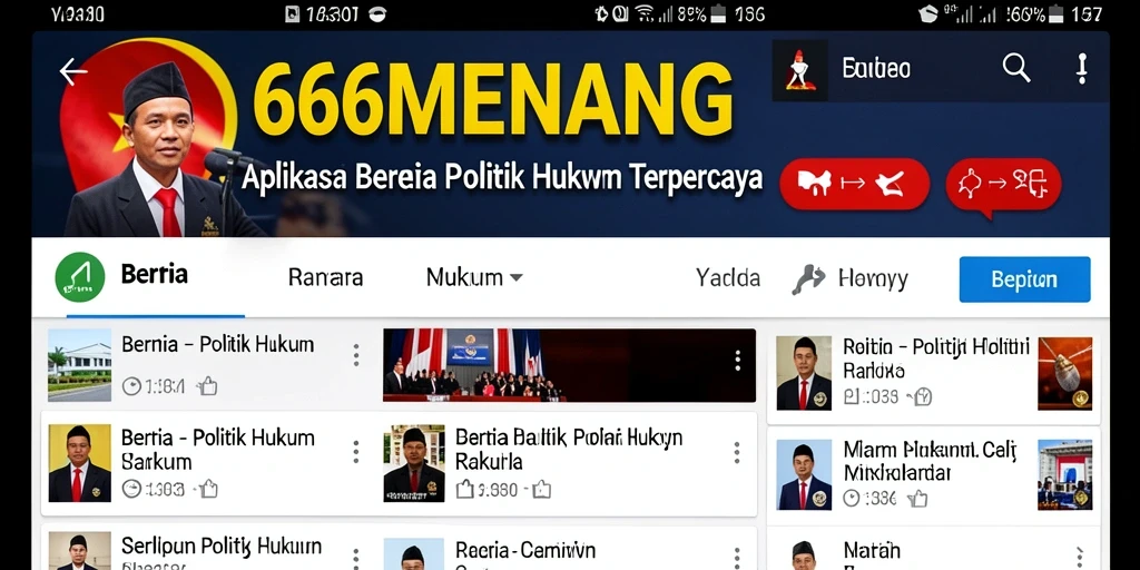 Tampilan utama aplikasi 666MENANG dengan berita politik hukum.