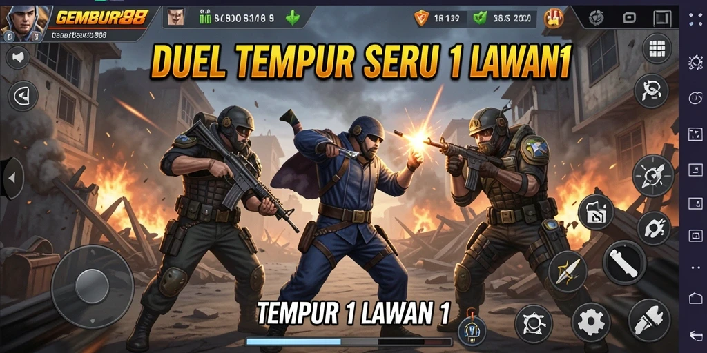 Tampilan antarmuka GEMBUR88 yang dinamis dalam duel Tempur 1 Lawan 1.