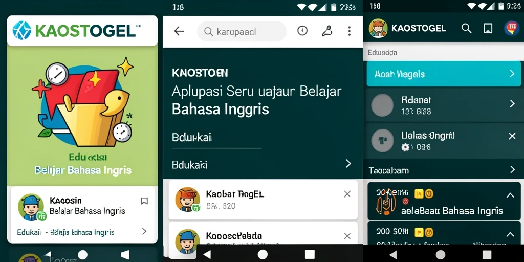 Antarmuka KAOSTOGEL menampilkan modul belajar interaktif dan latihan bahasa Inggris.